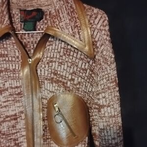 Elegant Brown Knit Bomber Jacket with Leather Accents